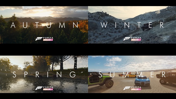 Forza Horizon 4 campaign creative showing autumn, winter, spring, and summer